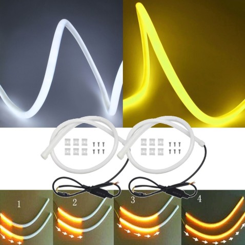 Coppia Flex Bianco Ambra Led Sequenziale 24V 60 Cm Strip Decorativa Faro Striscia Drl Cut Light